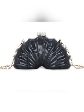 Source Unknown Black Shell Clutch with Pearl Kiss-Lock and Gold Chain